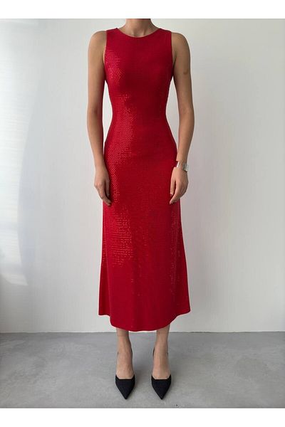 Julidress Paiete Decolteu Crew Căptușit Fără mâneci Lungime Midi Rochie de seară premium Rochie de Anul Nou