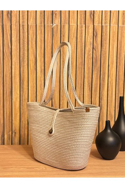 MS Glassware Straw Beige Beach Bag - Τσάντα χειρός και ώμου, Σειρά Wicker Hane