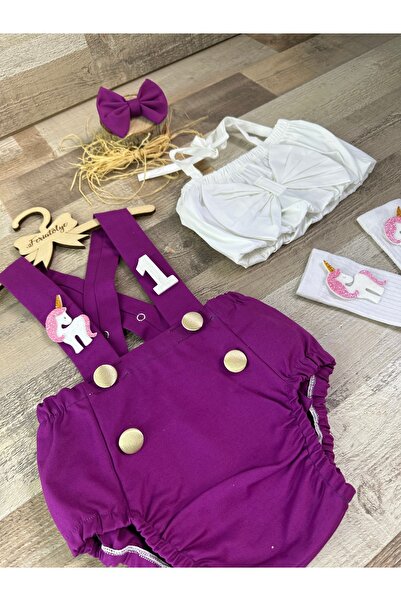 Feriatolye El yapımı Unicorn konsepti kız bebek salopet toka çorap crop takımı