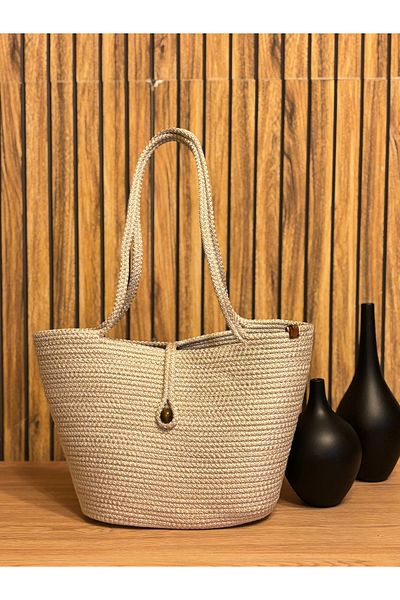 MS Glassware Straw Beige Beach Bag - Τσάντα χειρός και ώμου, Σειρά Wicker Hane