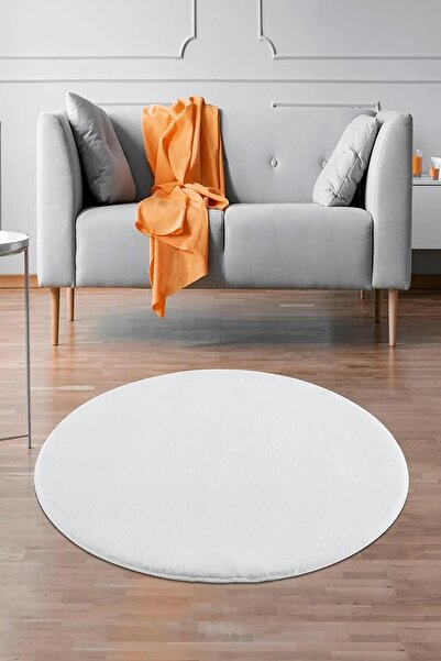SİMEREV HALI HOME CONSEPT Beyaz Post Peluş Tüylü Kaymaz Taban Makinede Yıkanabilir Salon Mutfak Antre Halısı Yuvarlak Halı