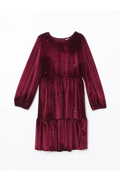 LC Waikiki Lcw Kids Light Burgundy Crew Neck Velvet Girl's Dress