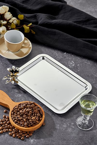 Milenay Noir Elegant Series - Luna Nera Handle Patterned Chrome Presentation Engagement Tray, 22X16Cm