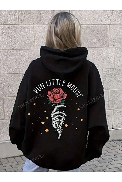 Pink Sky Φούτερ RUN LITTLE MOUSE με φλοράλ στάμπα μαύρη κουκούλα