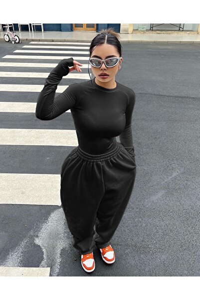 Violon Siyah Bisiklet Yaka Parmak Detaylı Dar Body