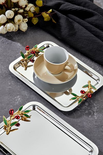 Milenay Elegante Noir Series, Duo Bacche Rosso Handle Patterned Chrome Presentation Promise Engagement Tray, 22X16Cm, Single Piece