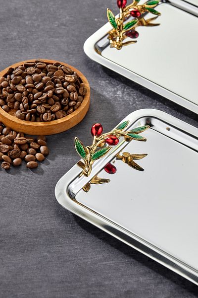 Milenay Elegante Noir Series, Duo Bacche Rosso Handle Patterned Chrome Presentation Promise Engagement Tray, 22X16Cm, 3 Pieces