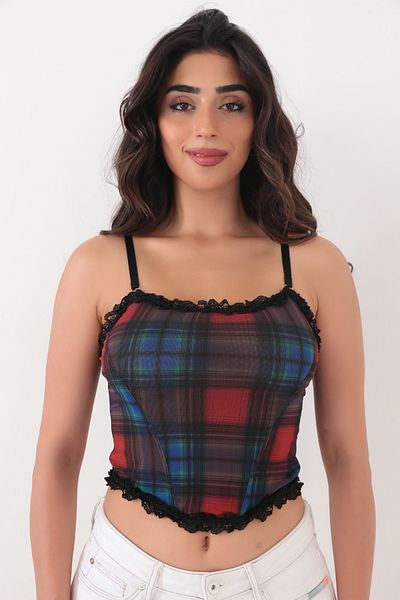 Brandpanty Ελένη- 5599079   - Πολύχρωμο Δαντελένιο Καρό Crop Top Bustier