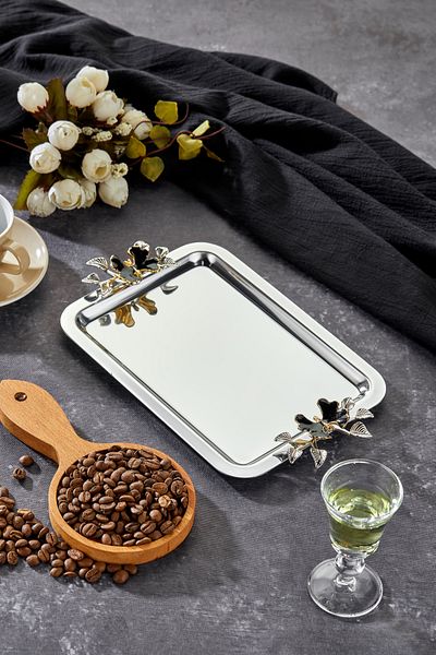 Milenay Elegante Noir Series, Duo Luna Nera Handle Patterned Chrome Presentation Promise Engagement Tray, 22X16Cm, Single Piece
