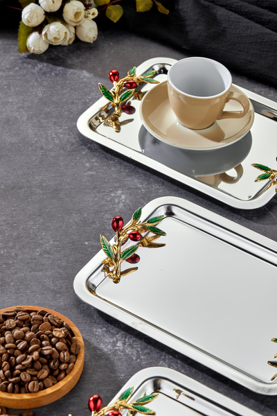 Milenay Elegante Noir Series, Duo Bacche Rosso Handle Patterned Chrome Presentation Promise Engagement Tray, 22X16Cm, 3 Pieces