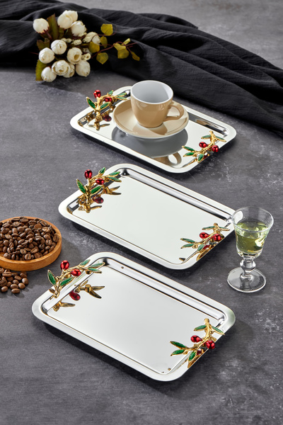 Milenay Elegante Noir Series, Duo Bacche Rosso Handle Patterned Chrome Presentation Promise Engagement Tray, 22X16Cm, 3 Pieces
