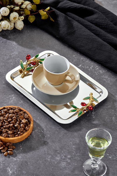 Milenay Elegante Noir Series, Duo Bacche Rosso Handle Patterned Chrome Presentation Promise Engagement Tray, 22X16Cm, Single Piece