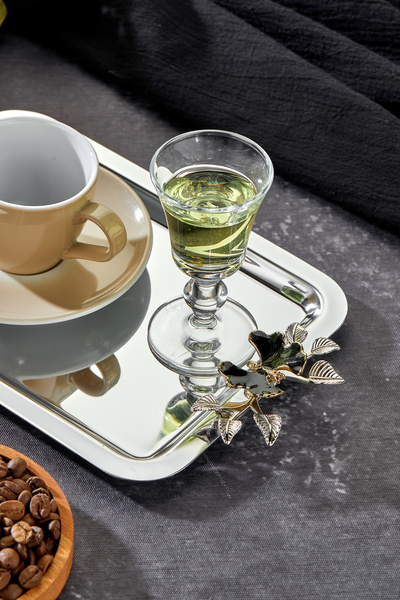 Milenay Elegante Noir Series, Duo Luna Nera Handle Patterned Chrome Presentation Promise Engagement Tray, 22X16Cm, Single Piece