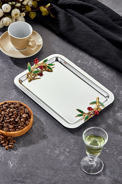 Milenay Elegante Noir Series, Duo Bacche Rosso Handle Patterned Chrome Presentation Promise Engagement Tray, 22X16Cm, Single Piece