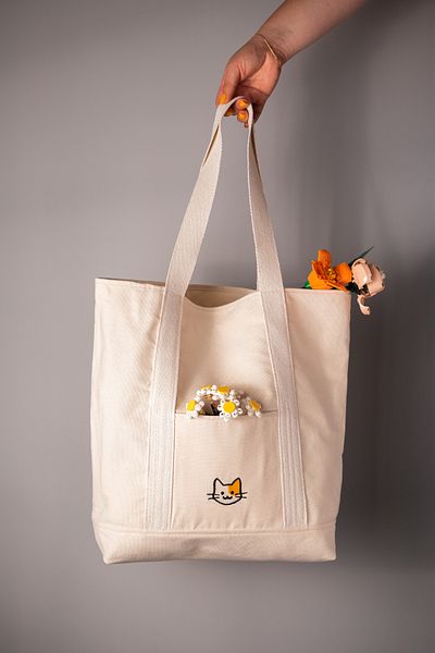 minimal X design Geantă de pânză X - Geantă de pânză durabilă, ușoară, cu model de broderie de pisici