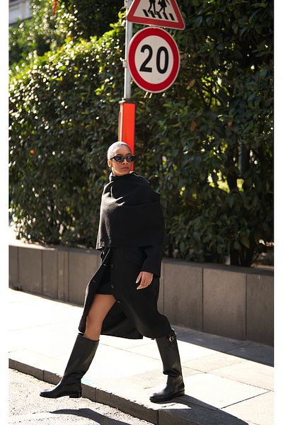 Quzu Black Long Coat - Double Breasted Collar and Button Detail
