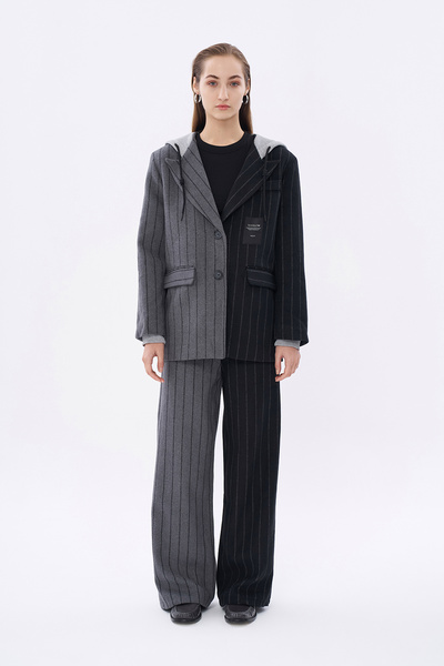 Quzu Pantaloni negri cu dungi cu talie înaltă