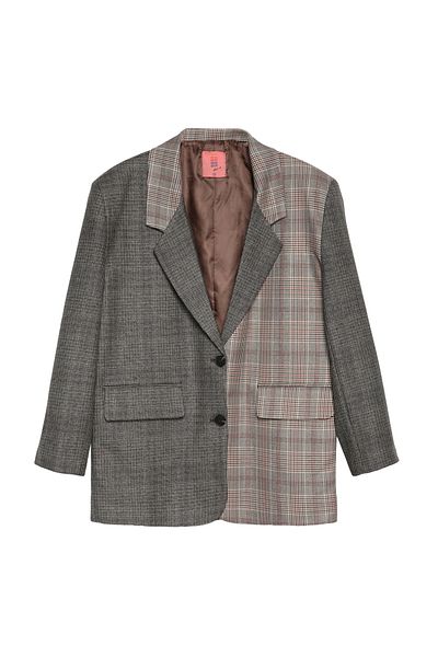 Quzu Brown Double Breasted Collar Blazer Jacket - Checked Design with Match Detail