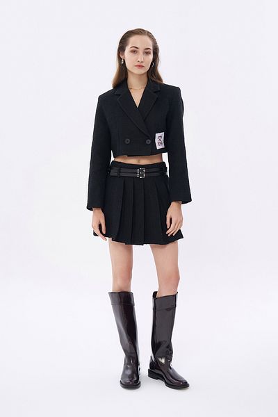 Quzu Fusta mini din tweed negru - plisată cu accesoriu pentru curea