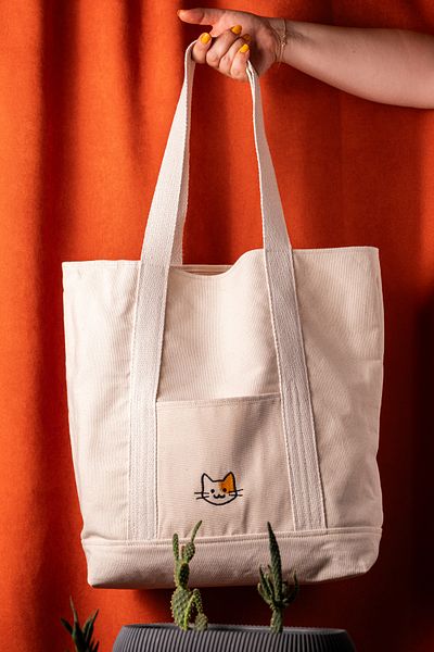 minimal X design Geantă de pânză X - Geantă de pânză durabilă, ușoară, cu model de broderie de pisici