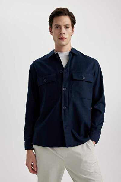 DeFacto Relax Fit Polo Yaka Gömlek Ceket NAVY