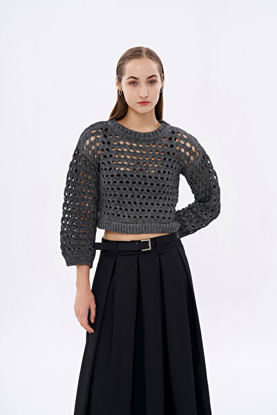 Quzu Gray Knitwear Sweater - Glitter Detailed and Perforated