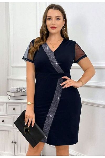 FOR ESRA BIG TREND Glittery V-Neck Midi Evening Dress - Stretch and Short Tulle Sleeve Dress with Cross Detail