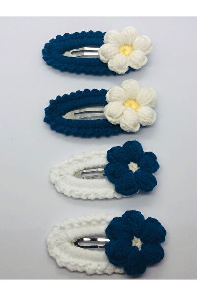 İnDerin Set de 4 agrafe de păr cu fixare rapidă, tricotat albastru marin/alb