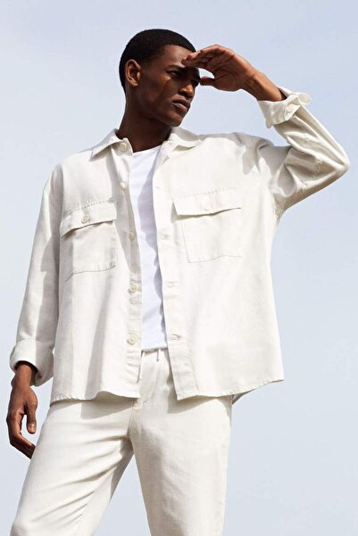 DeFacto Relax Fit Polo Yaka Gömlek Ceket Kırık Beyaz