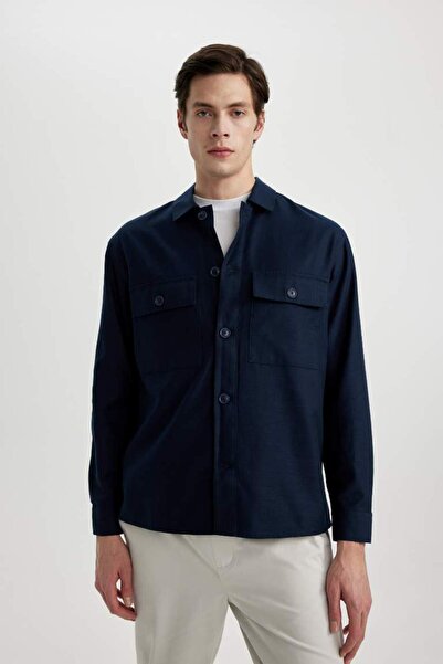 DeFacto Relax Fit Polo Yaka Gömlek Ceket NAVY
