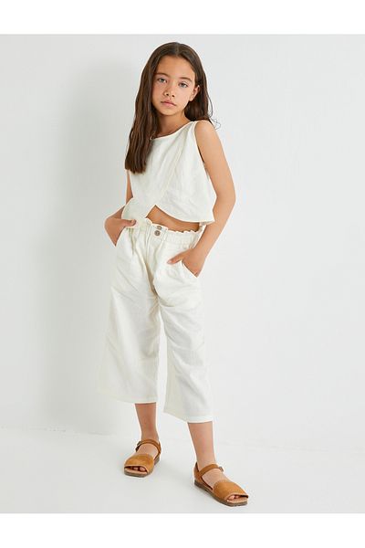 Koton Linen Trousers with Elastic Waist and Button Detail