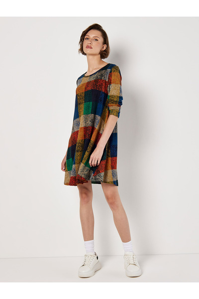 Apricot Bunt kariertes Swing-Minikleid