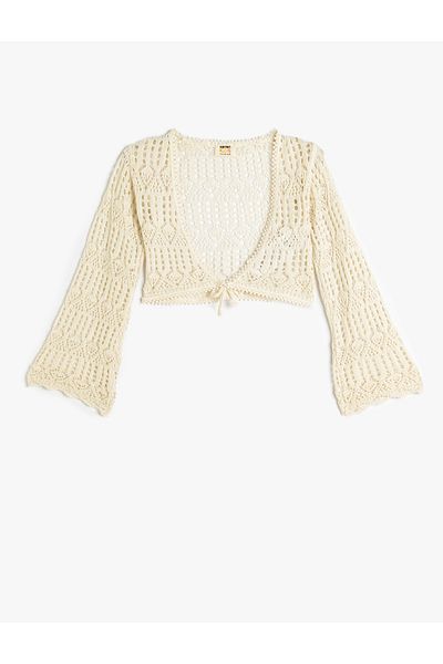 Koton Kurzer Cardigan mit V-Ausschnitt und langen Ärmeln und Lochmuster