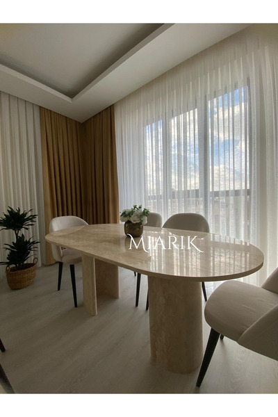 MIARIK DESIGN & DEKORASYON Yarım Ay Ayaklı Traverten Mermer Yemek Masası