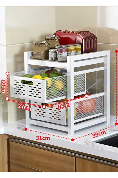 TRENDESK 2 Katlı Lux Metal Beyaz Çekmeceli Patates Soğan Sebze Meyve Sepeti S...