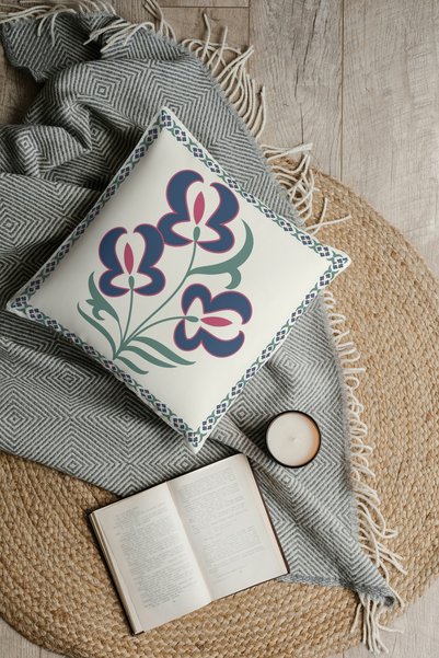 CİMENS Digital Printed Gift Sofa 4-Piece Throw Pillow Covers |   Uzbek Patterned Cream Navy Blue Flower
