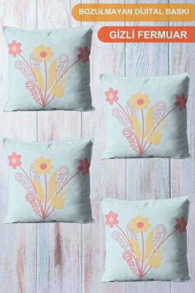 CİMENS 4-Piece Digital Printed Gift Sofa Set - Light Blue, Yellow Pink Floral...