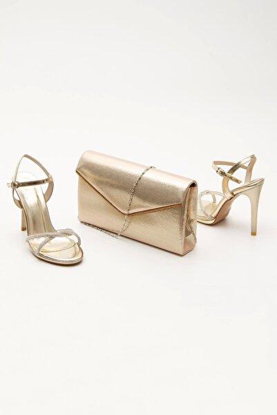 MFT AYAKKABI طقم أحذية وحقيبة سهرة نسائية ذات نعل سميك باللون الذهبي