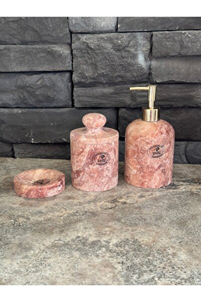 Polen Stone 3'lü Set Kırmızı Traverten Doğal Taş sıvı Sabunluk, Makyaj pamukl...