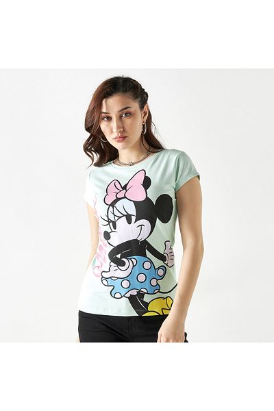 SP Characters Print T-shirt with Crew Neck and Cap Sleeves