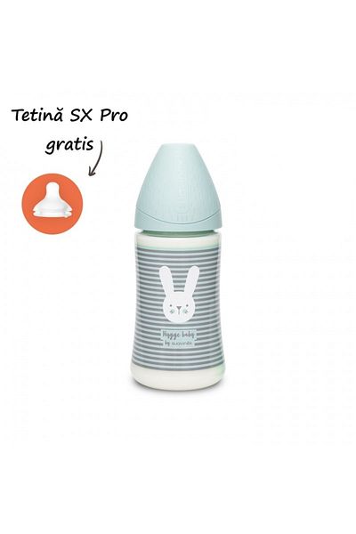 Suavinex Biberon 270 ml cu tetin? rotund? din silicon, 3 fluxuri, iepura? cu linii verzi, Hygge Suavinex