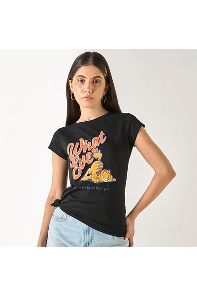 SP Characters Garfield Print T-shirt with Crew Neck and Short Sleeves