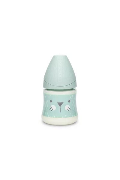 Suavinex Biberon 150 ml cu tetin? rotund? din silicon, debit lent, pisic? verde Hygge Suavinex