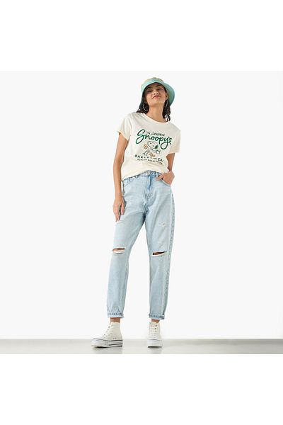 SP Characters Snoopy Print T-shirt with Crew Neck and Short Sleeves