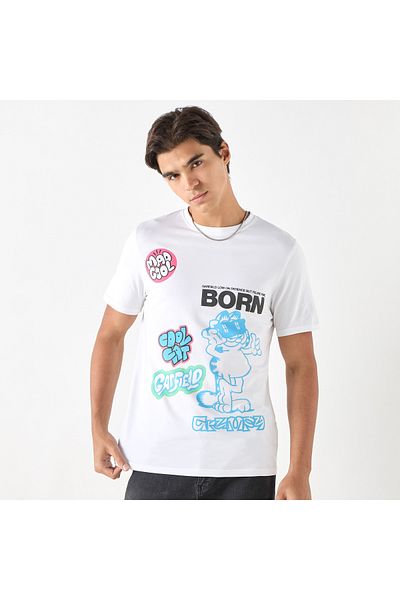SP Characters Garfield Print Crew Neck T-shirt with Short Sleeves