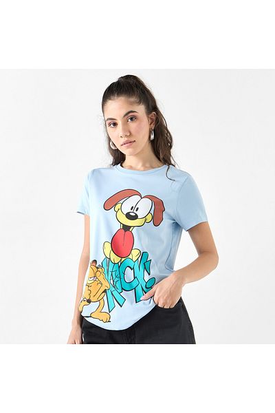 SP Characters Garfield Print Crew Neck T-shirt with Short Sleeves
