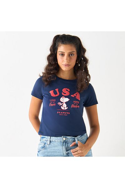SP Characters Snoopy Print T-shirt with Short Sleeves and Crew Neck