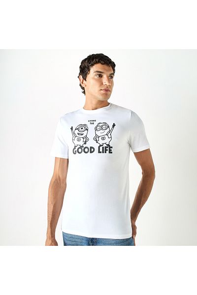 SP Characters Minions Print T-shirt with Crew Neck and Short Sleeves
