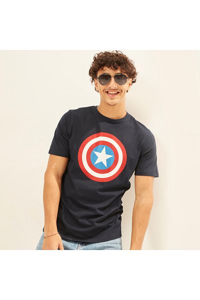 SP Characters Captain America Print Crew Neck Slim Fit T-shirt with Short Sleeves