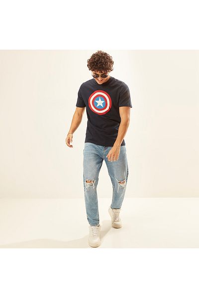 SP Characters Captain America Print Crew Neck Slim Fit T-shirt with Short Sleeves